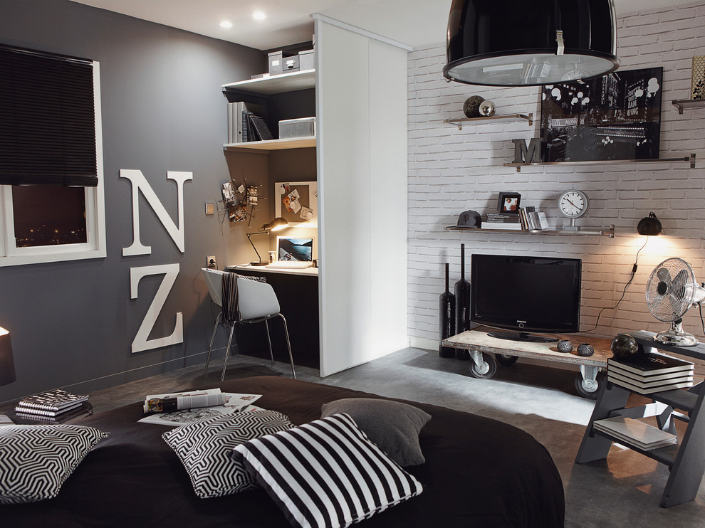 Idéer för mellanstora funkis sovrum, med grå väggar och betonggolv