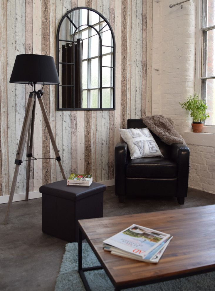 Modelo de sala de estar cerrada retro de tamaño medio sin chimenea y televisor con paredes blancas y suelo vinílico