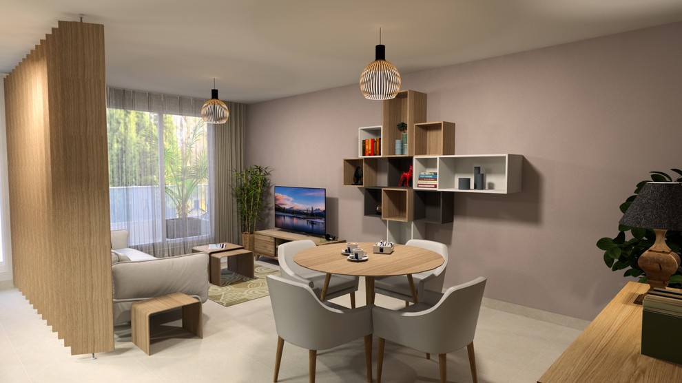 Идея дизайна: открытая гостиная комната среднего размера в стиле модернизм с с книжными шкафами и полками, розовыми стенами, полом из керамической плитки, отдельно стоящим телевизором и бежевым полом без камина