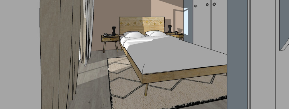 Идея дизайна: маленькая спальня в морском стиле с зелеными стенами, полом из ламината и серым полом для на участке и в саду