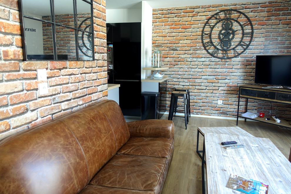 コルシカにある低価格の小さなインダストリアルスタイルのおしゃれなオープンリビング (ホームバー、マルチカラーの壁、淡色無垢フローリング、暖炉なし、据え置き型テレビ) の写真