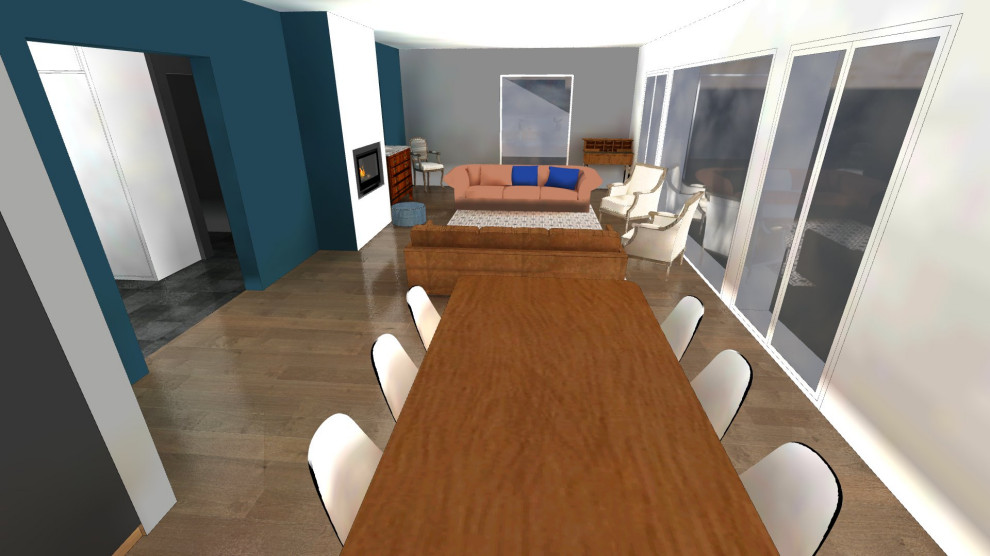 Idée de décoration pour une très grande salle à manger design avec un mur bleu, parquet clair, une cheminée standard, un manteau de cheminée en plâtre et un sol marron.