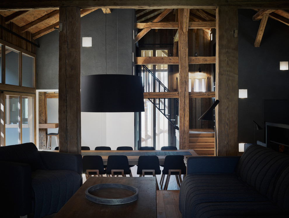 Foto de sala de estar contemporánea con paredes negras, suelo de madera en tonos medios y marco de chimenea de metal