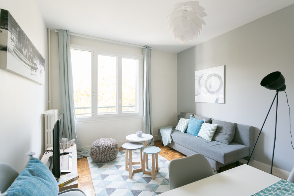 Источник вдохновения для домашнего уюта: гостиная комната среднего размера в скандинавском стиле с отдельно стоящим телевизором