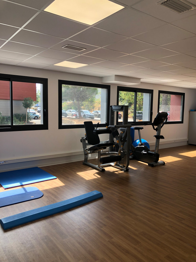 This is an example of a medium sized coastal home weight room in Marseille with blue walls, lino flooring and brown floors.