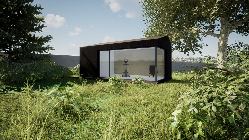 Идея дизайна: маленький универсальный домашний тренажерный зал в скандинавском стиле с белыми стенами, полом из керамической плитки и белым полом для на участке и в саду