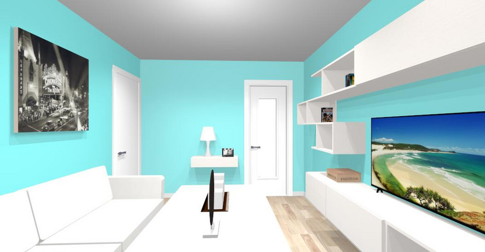 Idéer för att renovera ett mellanstort funkis separat vardagsrum, med ett finrum, blå väggar, tatamigolv, en fristående TV och brunt golv