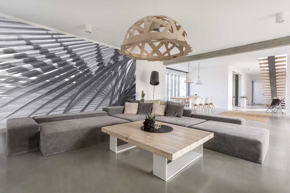 Offenes Modernes Wohnzimmer mit weißer Wandfarbe, Betonboden und grauem Boden in Sonstige