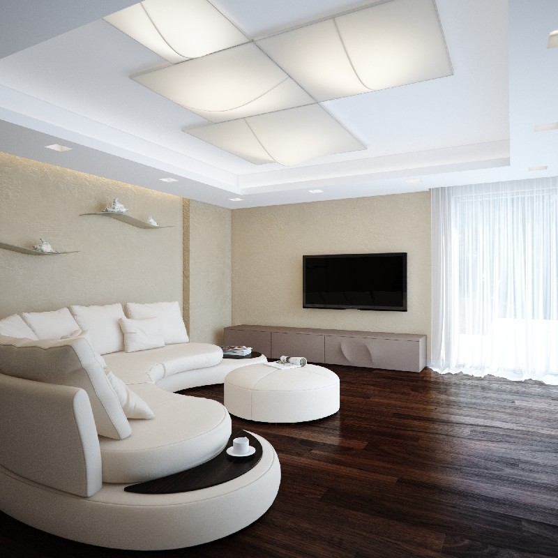 Bild på ett stort funkis allrum med öppen planlösning, med ett finrum, beige väggar, mörkt trägolv och en väggmonterad TV