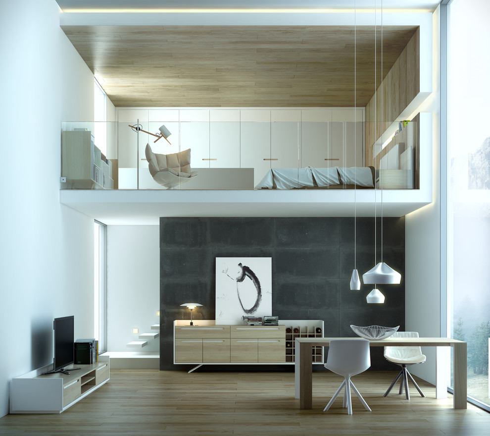 Foto di un ampio soggiorno design stile loft con pareti bianche, pavimento in legno massello medio, nessun camino e TV nascosta
