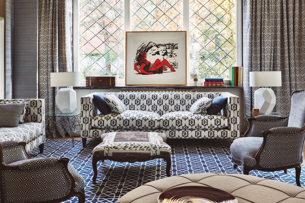 Идея дизайна: парадная, изолированная гостиная комната среднего размера в стиле фьюжн с разноцветными стенами и ковровым покрытием без камина, телевизора