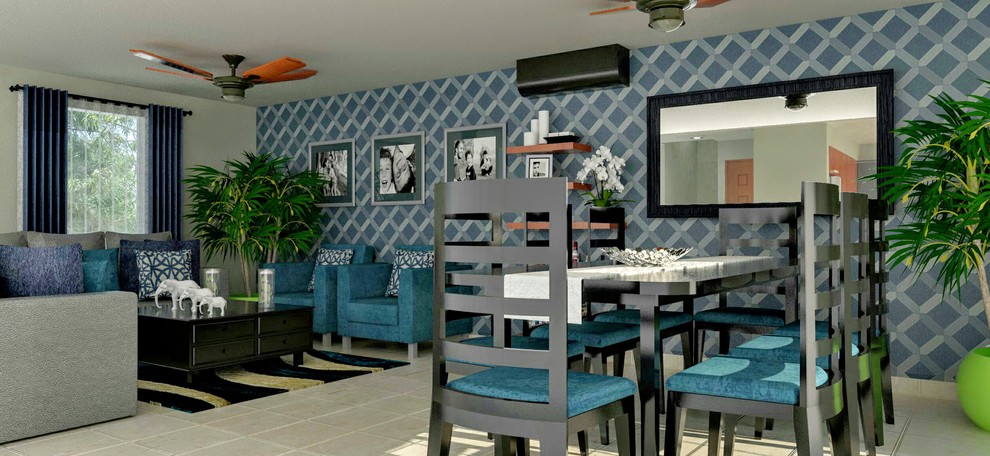 Exemple d'un petit salon moderne ouvert avec une salle de réception, un mur bleu, un sol en carrelage de céramique, aucune cheminée et aucun téléviseur.