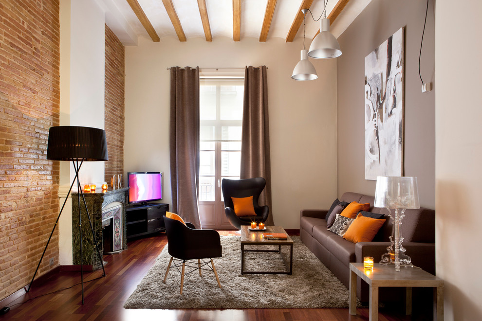 Inspiration for a large transitional formal and enclosed dark wood floor living room remodel in Barcelona with multicolored walls, a standard fireplace, a stone fireplace and a tv stand