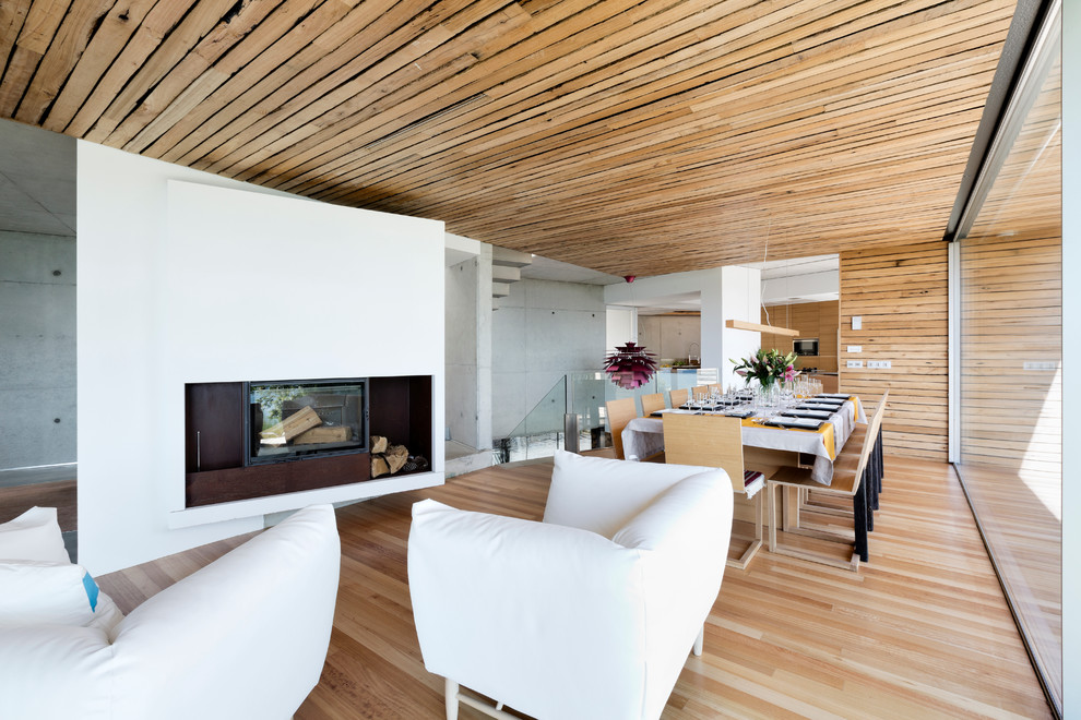 Modelo de salón para visitas abierto contemporáneo grande con paredes marrones, suelo de madera clara, estufa de leña, marco de chimenea de metal y pared multimedia