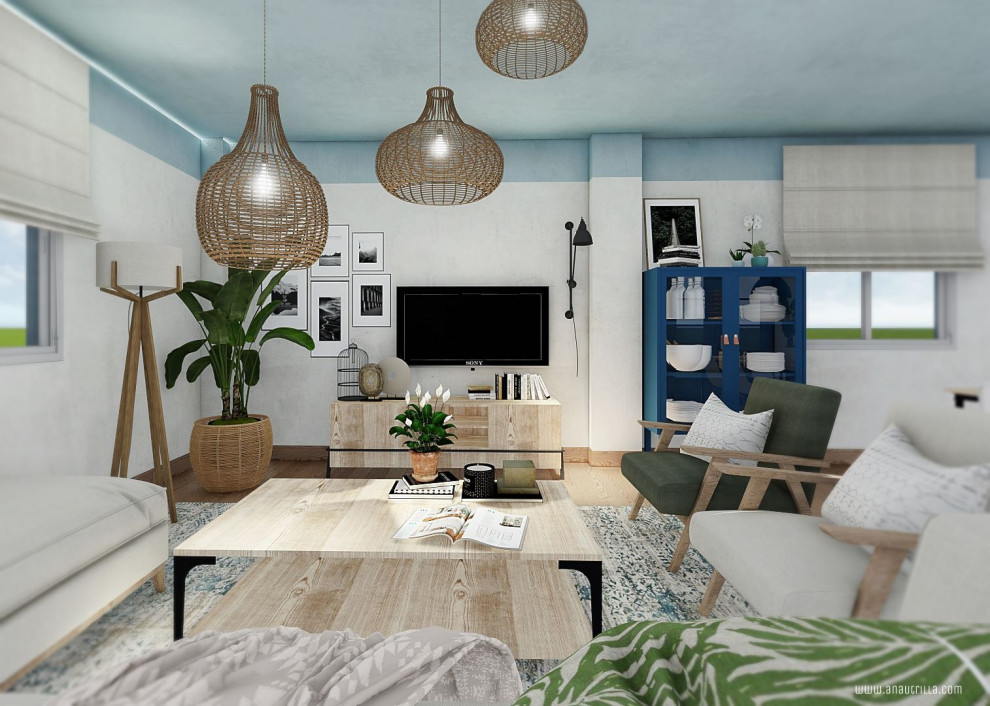 Источник вдохновения для домашнего уюта: открытая гостиная комната среднего размера в скандинавском стиле с синими стенами, полом из линолеума, телевизором на стене и оранжевым полом