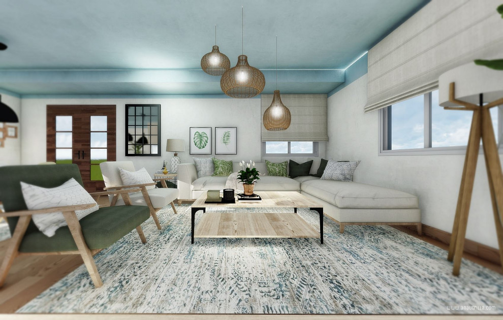 Mittelgroßes, Offenes Nordisches Wohnzimmer mit blauer Wandfarbe, Linoleum, TV-Wand und orangem Boden in Alicante-Costa Blanca