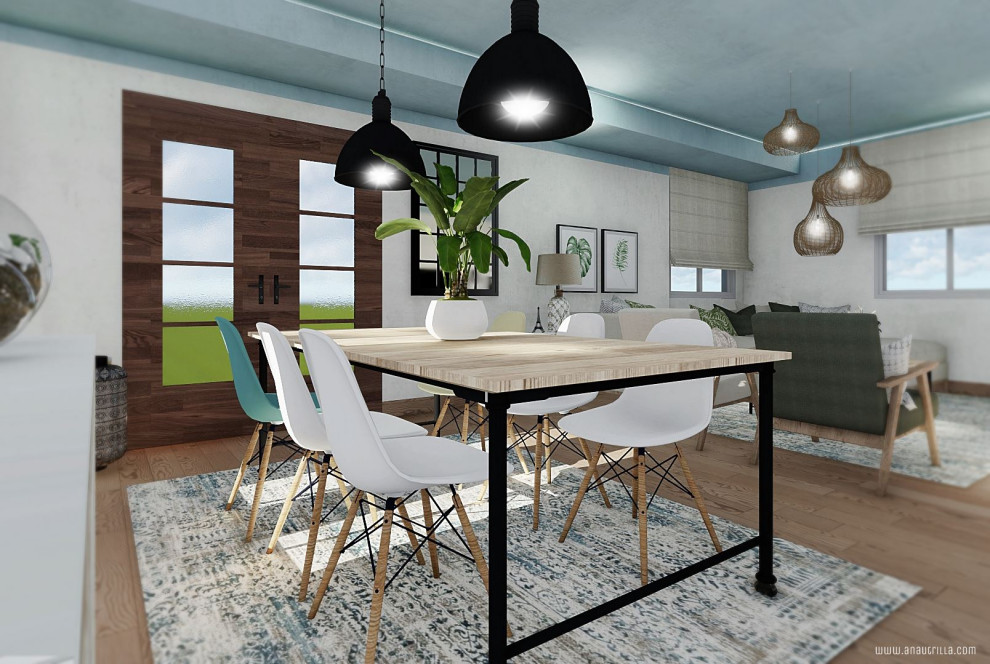 Idee per una sala da pranzo nordica di medie dimensioni con pareti blu, pavimento in linoleum e pavimento arancione