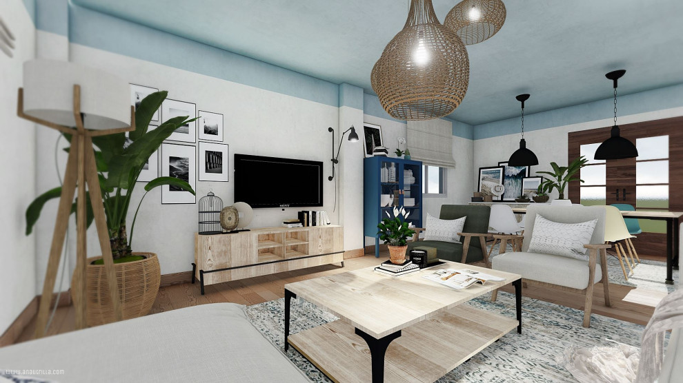 Idee per un soggiorno scandinavo di medie dimensioni e aperto con pareti blu, pavimento in linoleum, TV a parete e pavimento arancione
