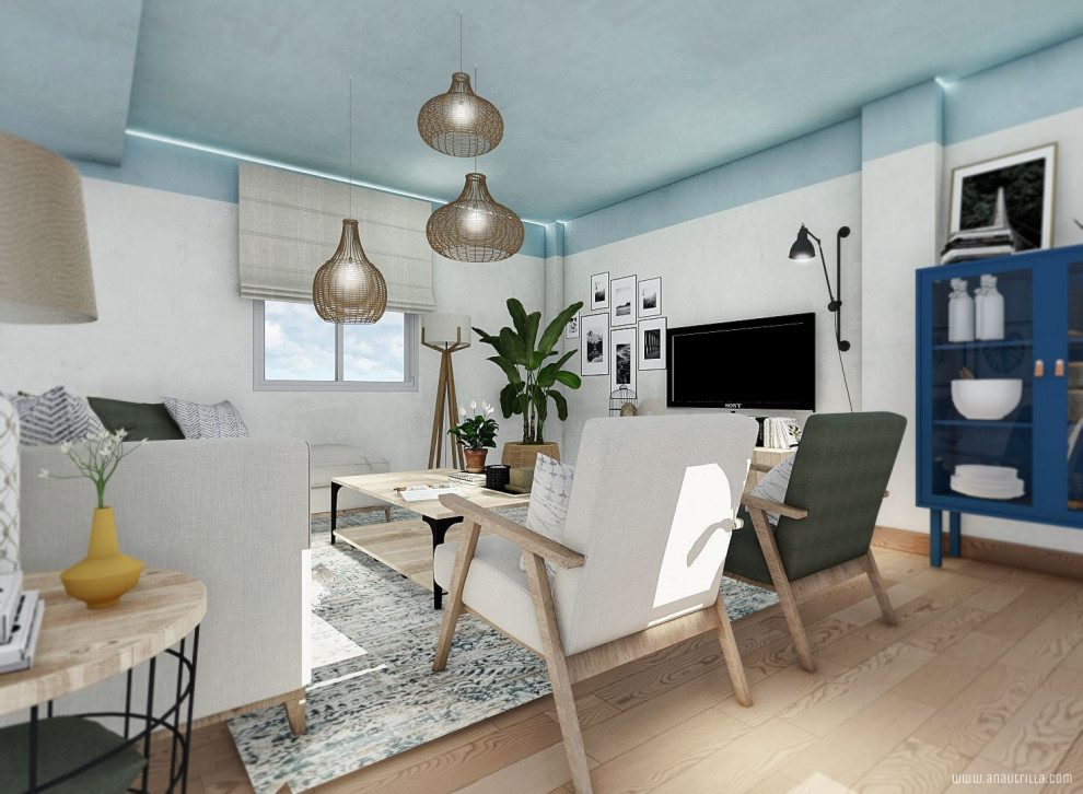 Réalisation d'un salon nordique de taille moyenne et ouvert avec un mur bleu, un sol en linoléum, un téléviseur fixé au mur et un sol orange.