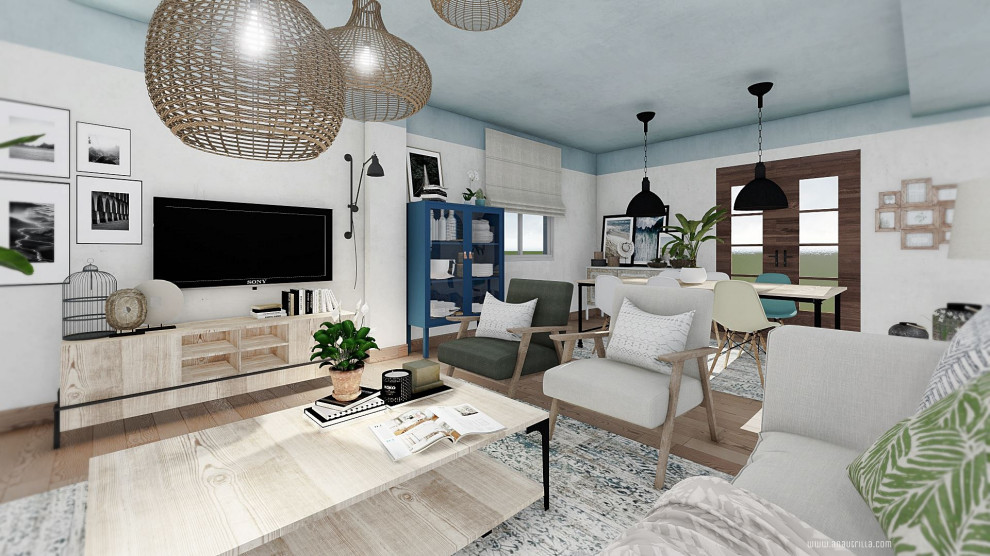 Exempel på ett mellanstort minimalistiskt allrum med öppen planlösning, med blå väggar, linoleumgolv, en väggmonterad TV och orange golv
