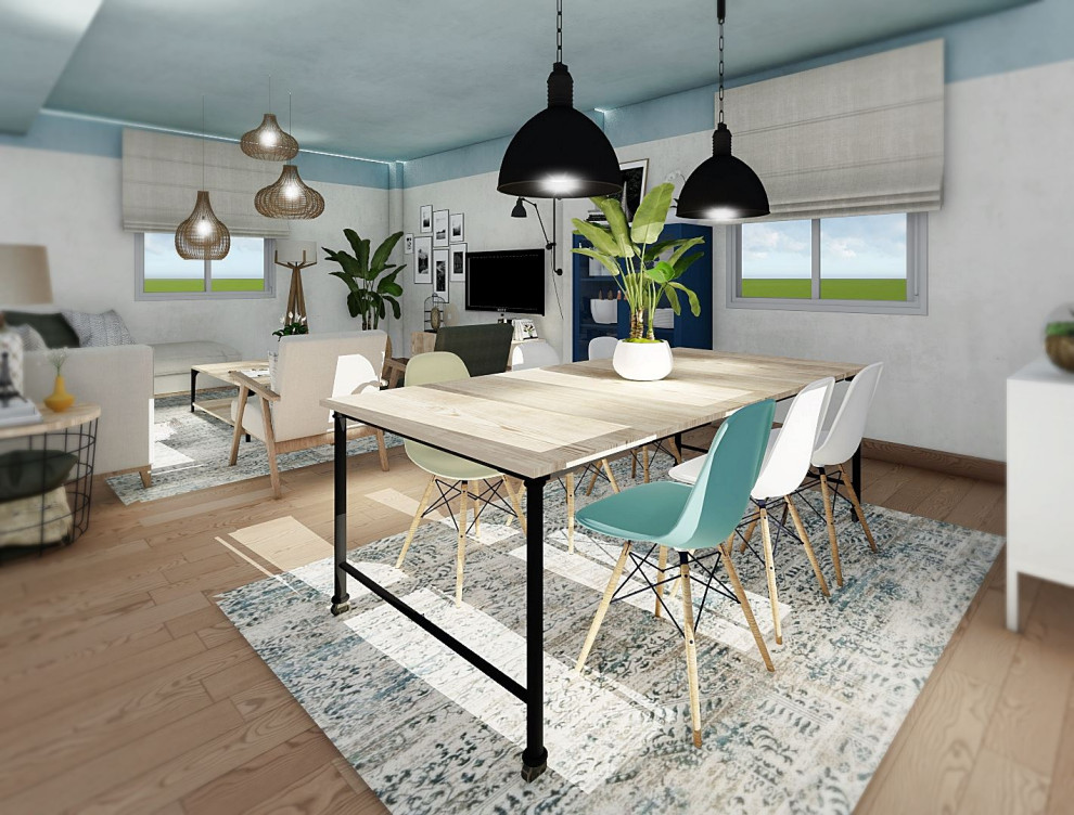 Esempio di una sala da pranzo scandinava di medie dimensioni con pareti blu, pavimento in linoleum e pavimento arancione