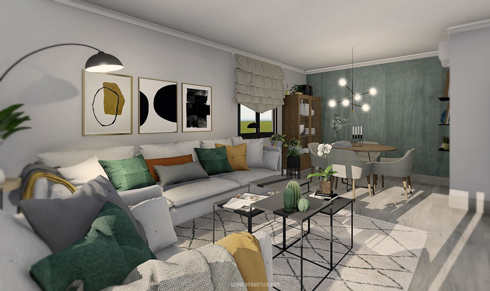 Foto di un soggiorno scandinavo di medie dimensioni e aperto con pareti grigie, pavimento in laminato, TV a parete e pavimento grigio