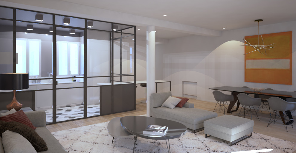 Immagine di un grande soggiorno moderno aperto con pareti bianche, pavimento in legno massello medio, nessun camino e pavimento beige