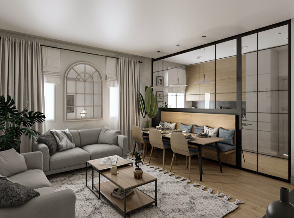 Свежая идея для дизайна: открытая гостиная комната среднего размера в стиле модернизм с серыми стенами, паркетным полом среднего тона и коричневым полом - отличное фото интерьера