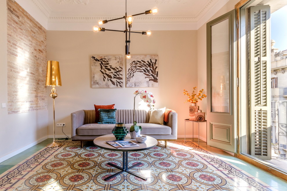 Ispirazione per un soggiorno design di medie dimensioni e aperto con pavimento con piastrelle in ceramica, pareti bianche e pavimento multicolore