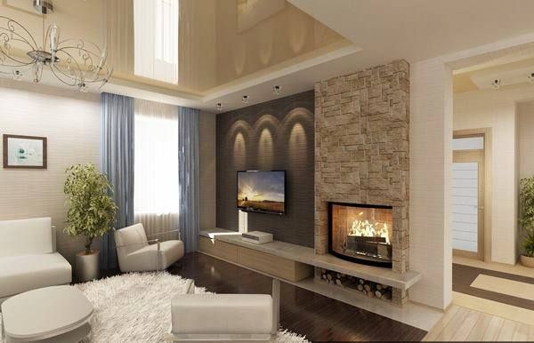 На фото: гостиная комната среднего размера в стиле модернизм с разноцветными стенами, стандартным камином и телевизором на стене с