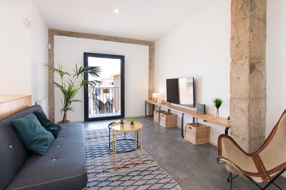 Idee per un soggiorno industriale chiuso con pareti bianche, pavimento in cemento, pavimento grigio, sala formale e TV a parete