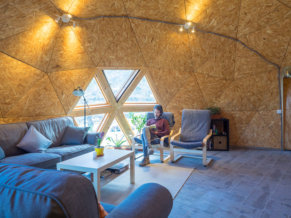 Foto di un grande soggiorno moderno aperto con pavimento con piastrelle in ceramica e stufa a legna
