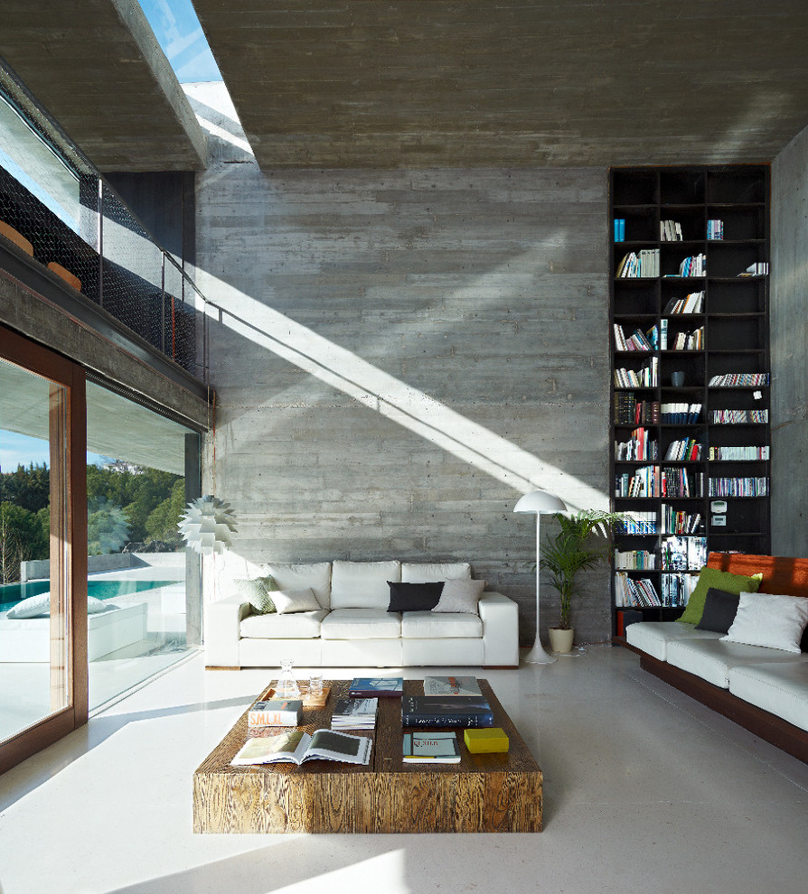 На фото: большая парадная, изолированная гостиная комната в стиле модернизм с бетонным полом и серыми стенами без телевизора, камина