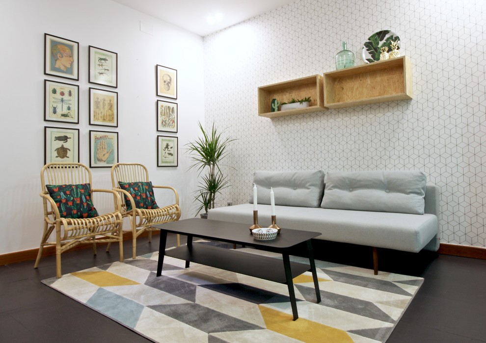 Small danish formal black floor living room photo in Madrid with white walls