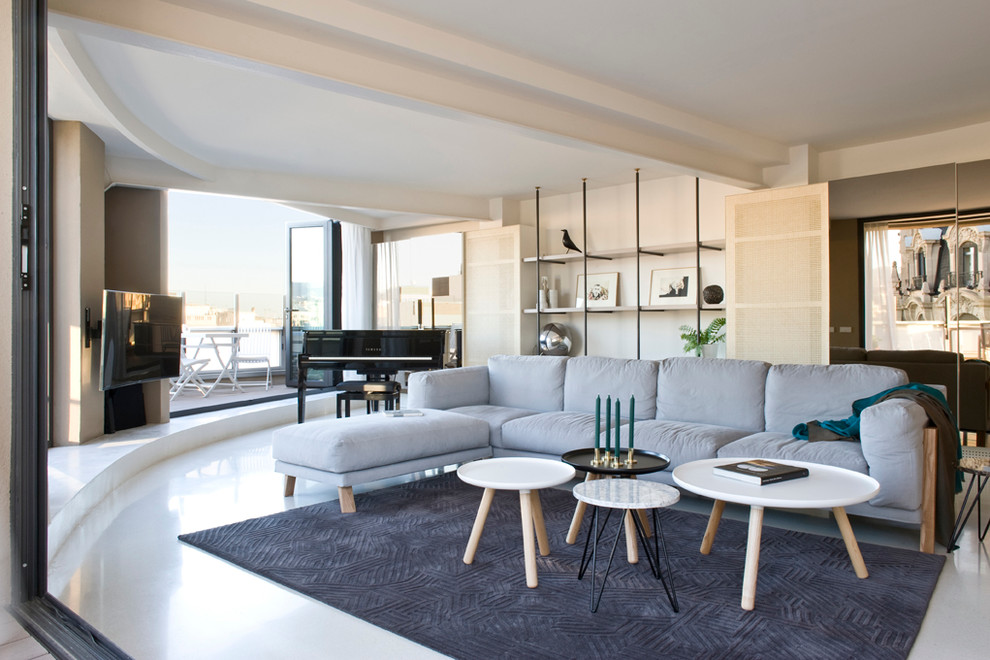 Inspiration for a large modern formal open plan living room in Barcelona with white walls, no fireplace and a built-in media unit.