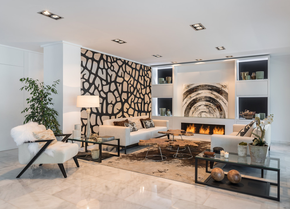 Design ideas for a large contemporary formal open plan living room feature wall in Alicante-Costa Blanca with white walls and a ribbon fireplace.