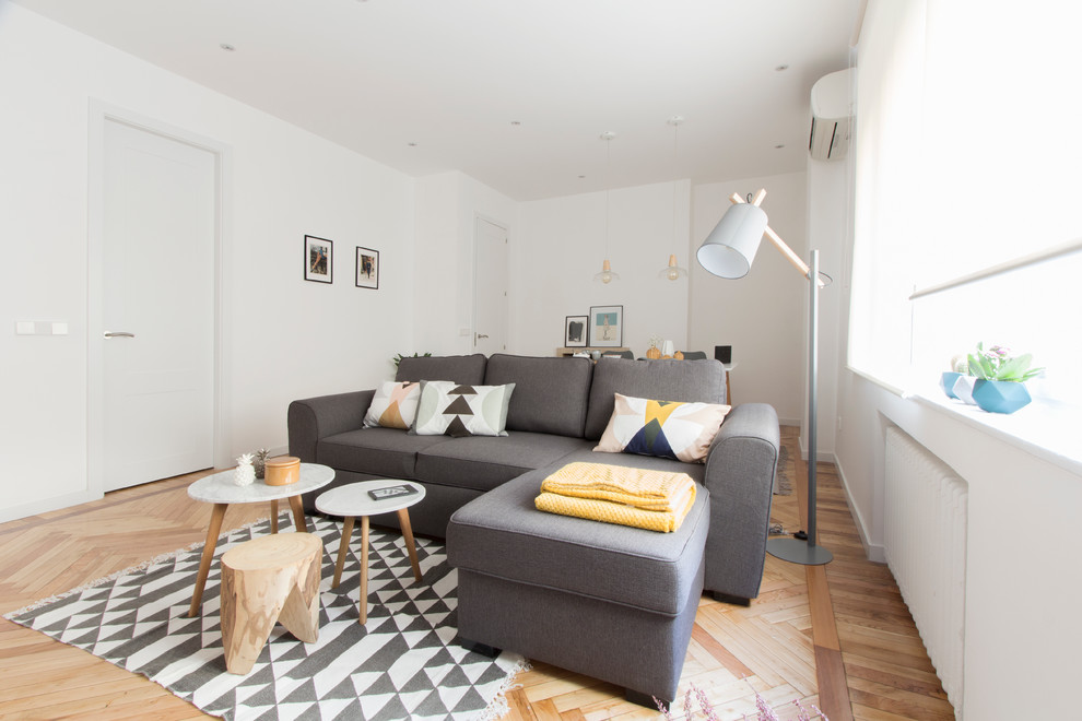 Mittelgroßes, Fernseherloses, Abgetrenntes, Repräsentatives Skandinavisches Wohnzimmer mit weißer Wandfarbe und braunem Holzboden in Madrid