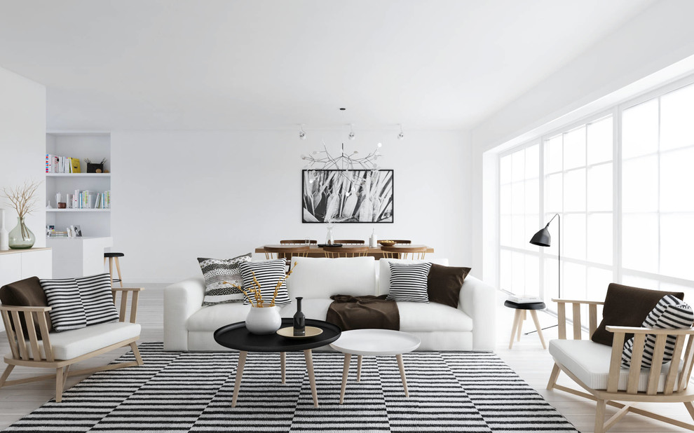 Идея дизайна: большая открытая гостиная комната в скандинавском стиле с белыми стенами без камина, телевизора