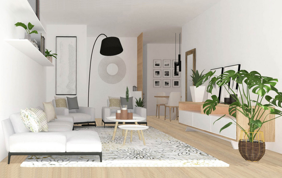 Idee per un grande soggiorno mediterraneo aperto con pareti bianche, pavimento in laminato e pavimento marrone