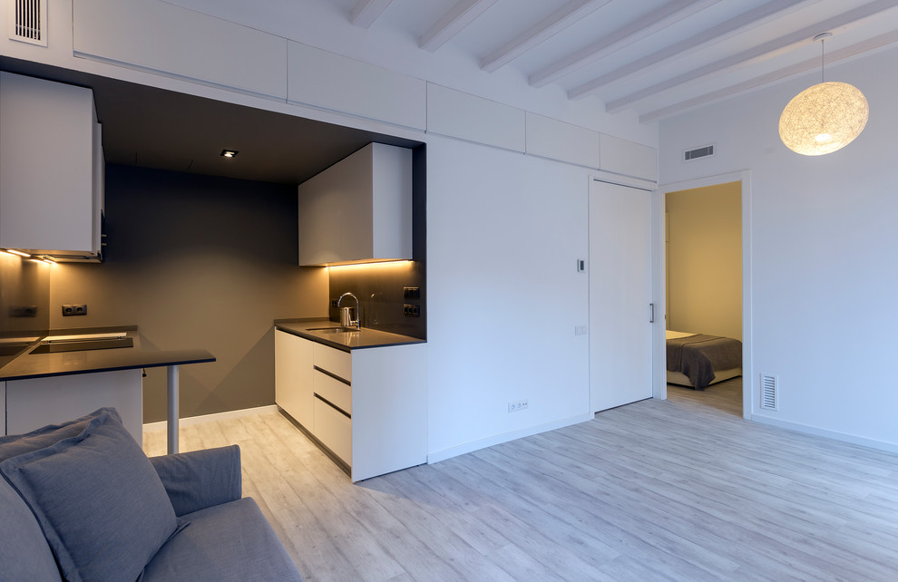 Mittelgroßes, Fernseherloses, Offenes, Repräsentatives Modernes Wohnzimmer ohne Kamin mit weißer Wandfarbe und hellem Holzboden in Barcelona