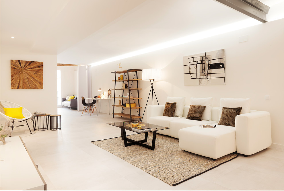 Свежая идея для дизайна: большая открытая, парадная гостиная комната в современном стиле с белыми стенами и полом из керамической плитки без камина, телевизора - отличное фото интерьера