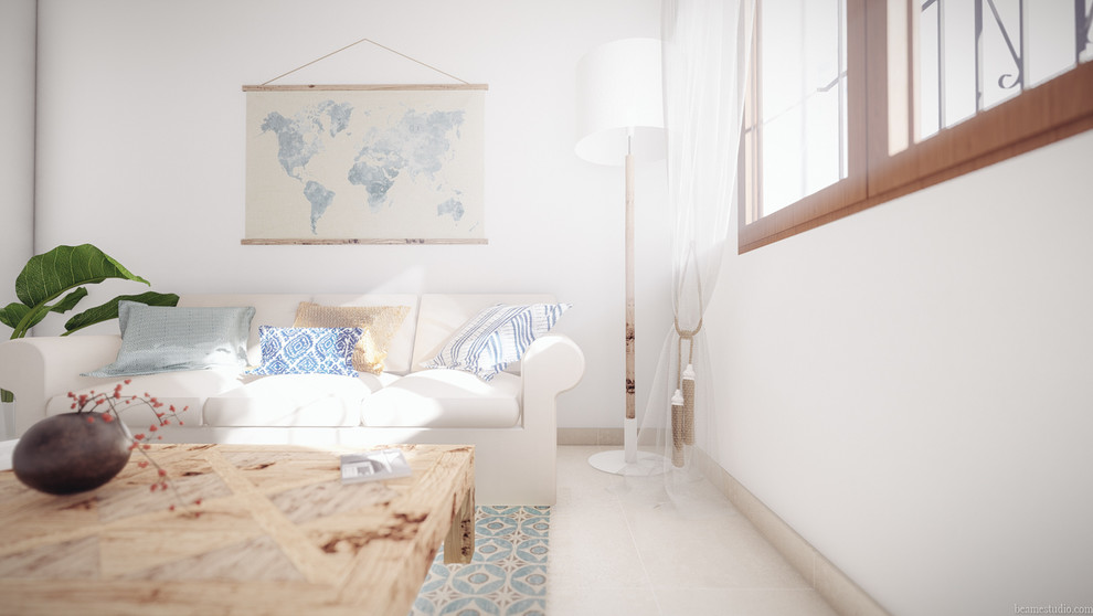 他の地域にあるお手頃価格の中くらいな地中海スタイルのおしゃれなLDK (白い壁、セラミックタイルの床、ベージュの床) の写真