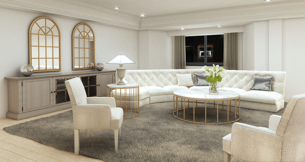 Foto de salón abierto clásico renovado grande con paredes blancas, suelo de madera clara y suelo beige
