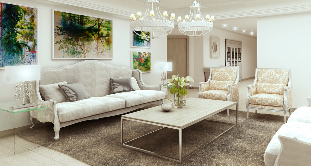 Ejemplo de salón abierto clásico renovado grande con paredes blancas, suelo de madera clara y suelo beige