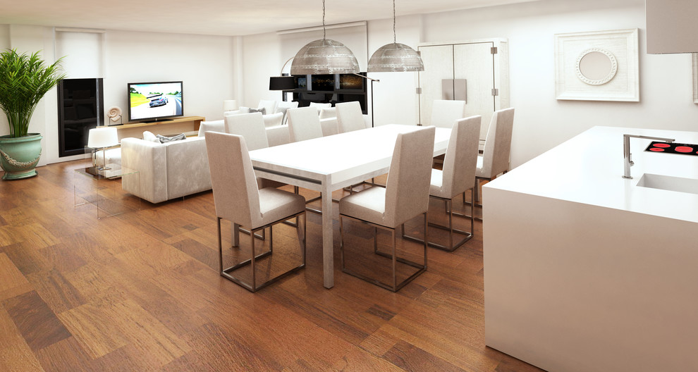 Foto de salón abierto clásico renovado grande con paredes blancas, suelo de madera en tonos medios, televisor independiente y suelo marrón