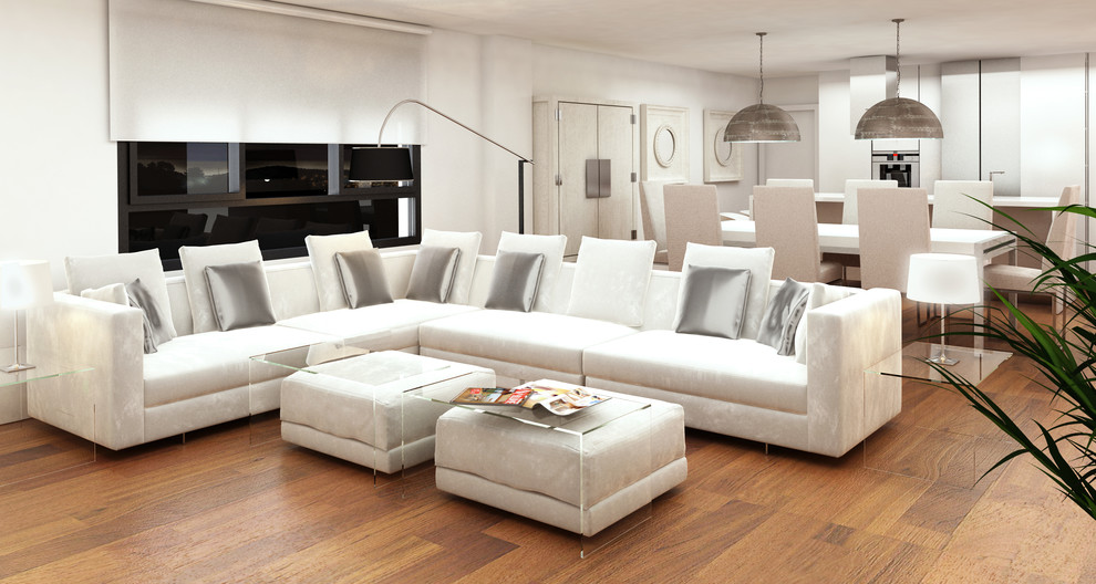 Ejemplo de salón abierto clásico renovado grande con paredes blancas, suelo de madera en tonos medios, televisor independiente y suelo marrón