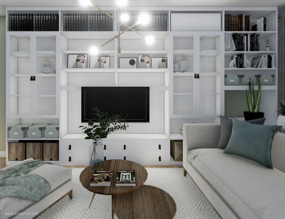 Modelo de salón con rincón musical abierto mediterráneo de tamaño medio con paredes grises, suelo de madera en tonos medios, televisor colgado en la pared y suelo marrón