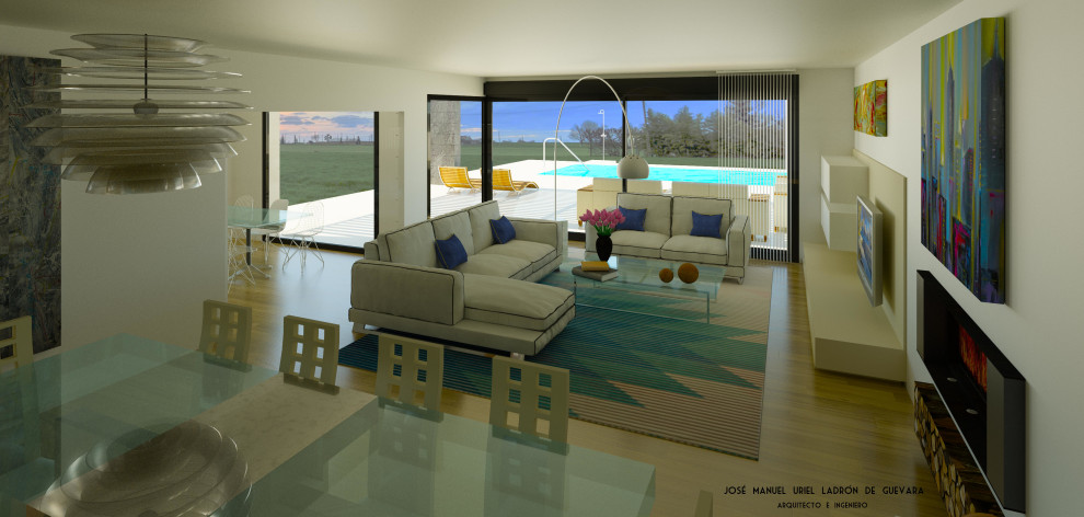На фото: гостиная комната в стиле модернизм с горизонтальным камином, фасадом камина из металла, белыми стенами и паркетным полом среднего тона с
