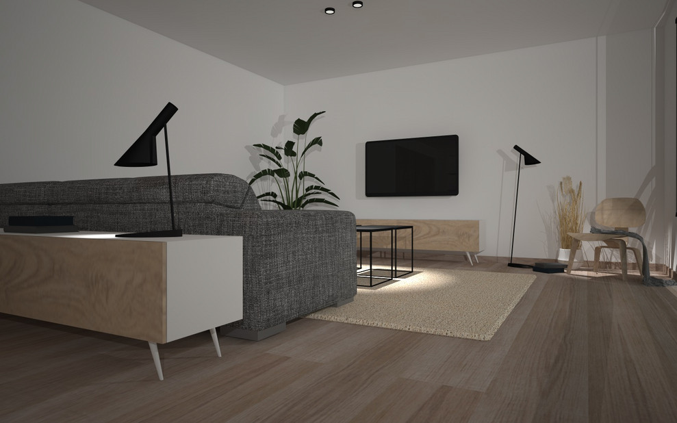Стильный дизайн: изолированная гостиная комната среднего размера в скандинавском стиле с белыми стенами, светлым паркетным полом и телевизором на стене - последний тренд