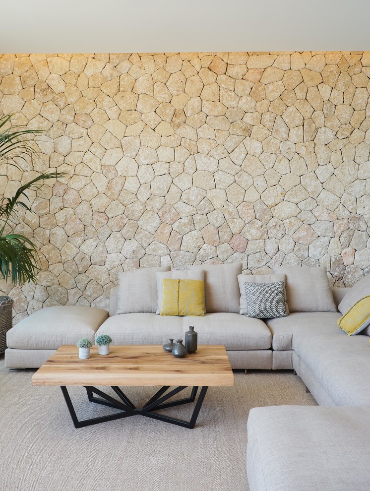 Cette image montre un salon design avec un sol gris et un mur en pierre.
